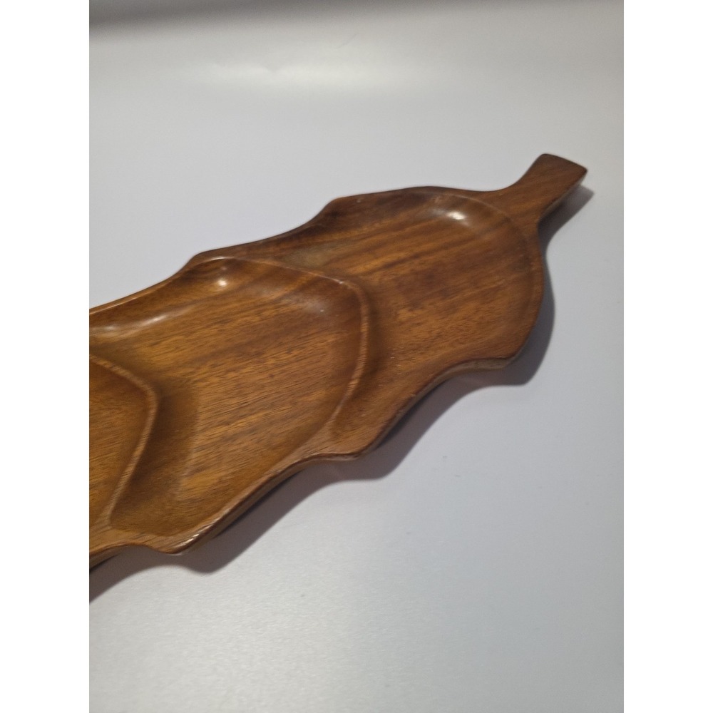 VINTAGE Carved Wood Leaf Serving Tray With 3 Compartments 17x6 - Picture 3 of 7